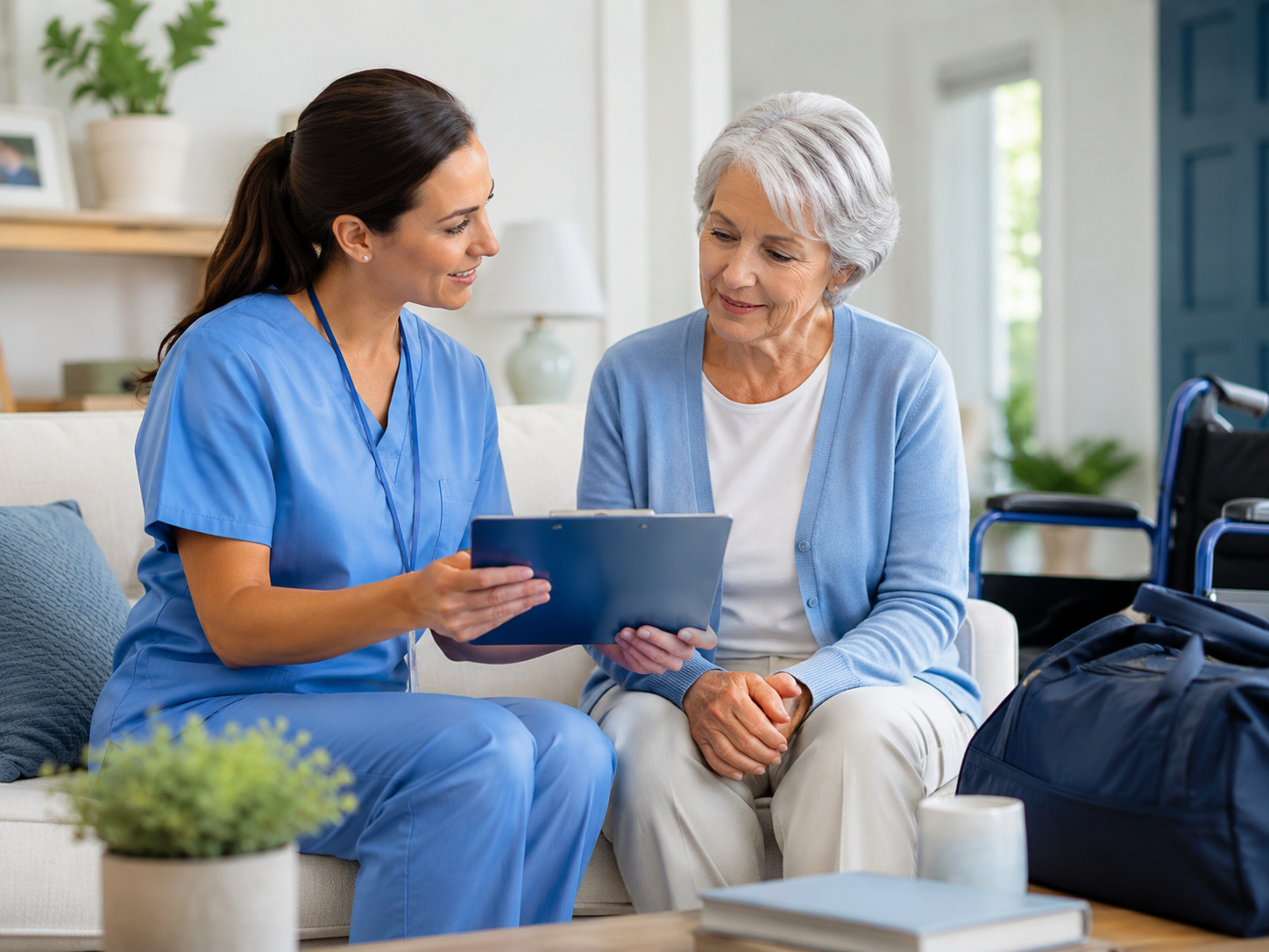 Caregiver and care professional reviewing simple care guidance with a patient