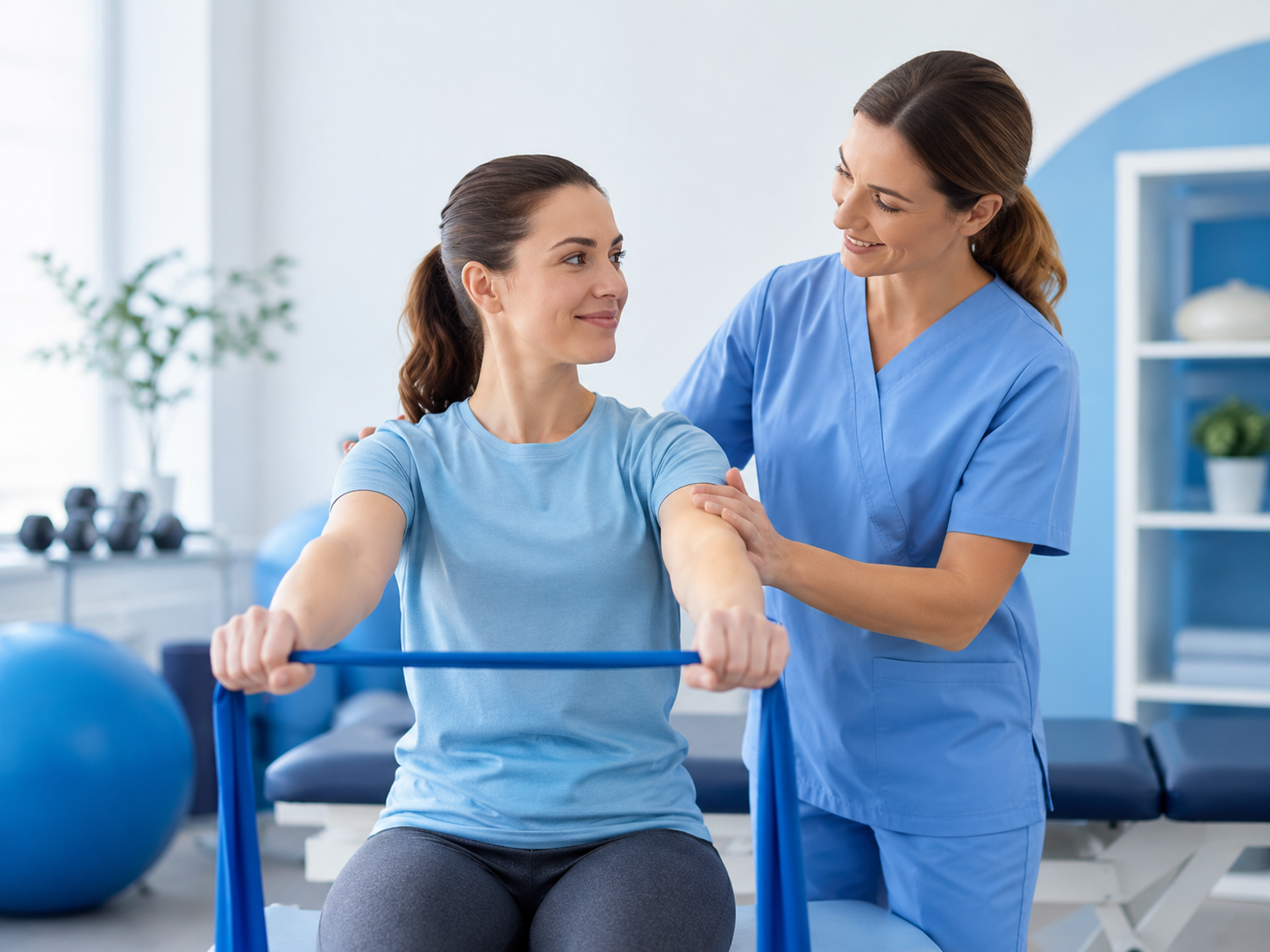 Rehabilitation provider supporting a patient during a therapy visit
