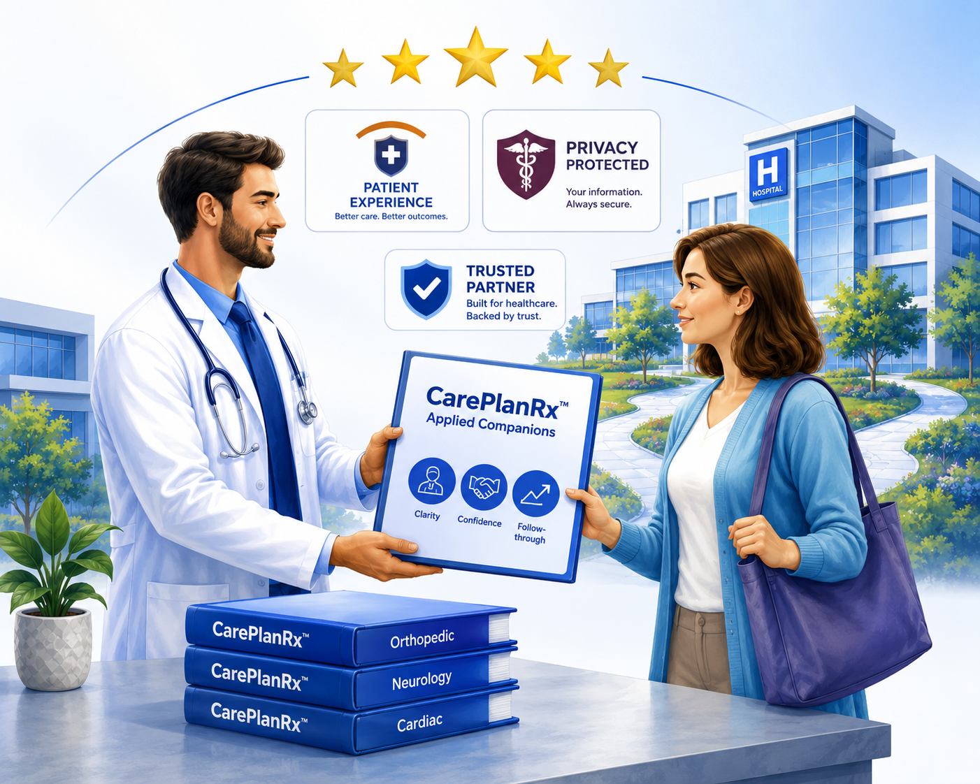 Clinician handing a CarePlanRx Applied Companion to a patient as part of a clear care handoff