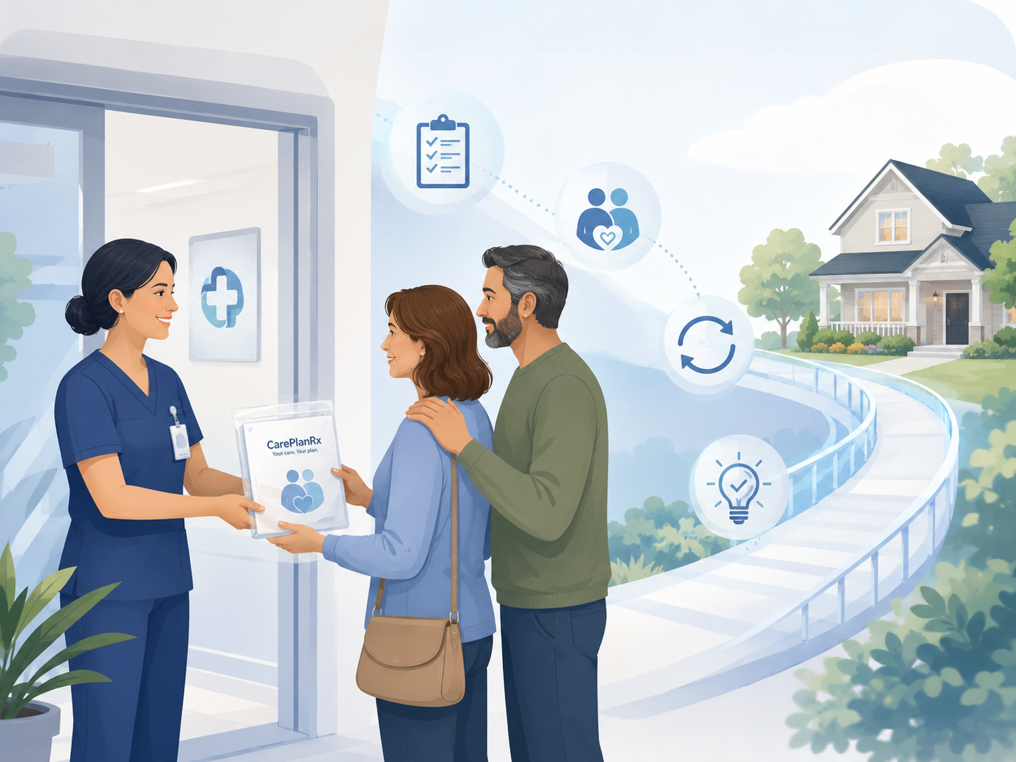 Care team member sharing CarePlanRx resources with a patient and caregiver, connecting the clinic handoff to home follow-through